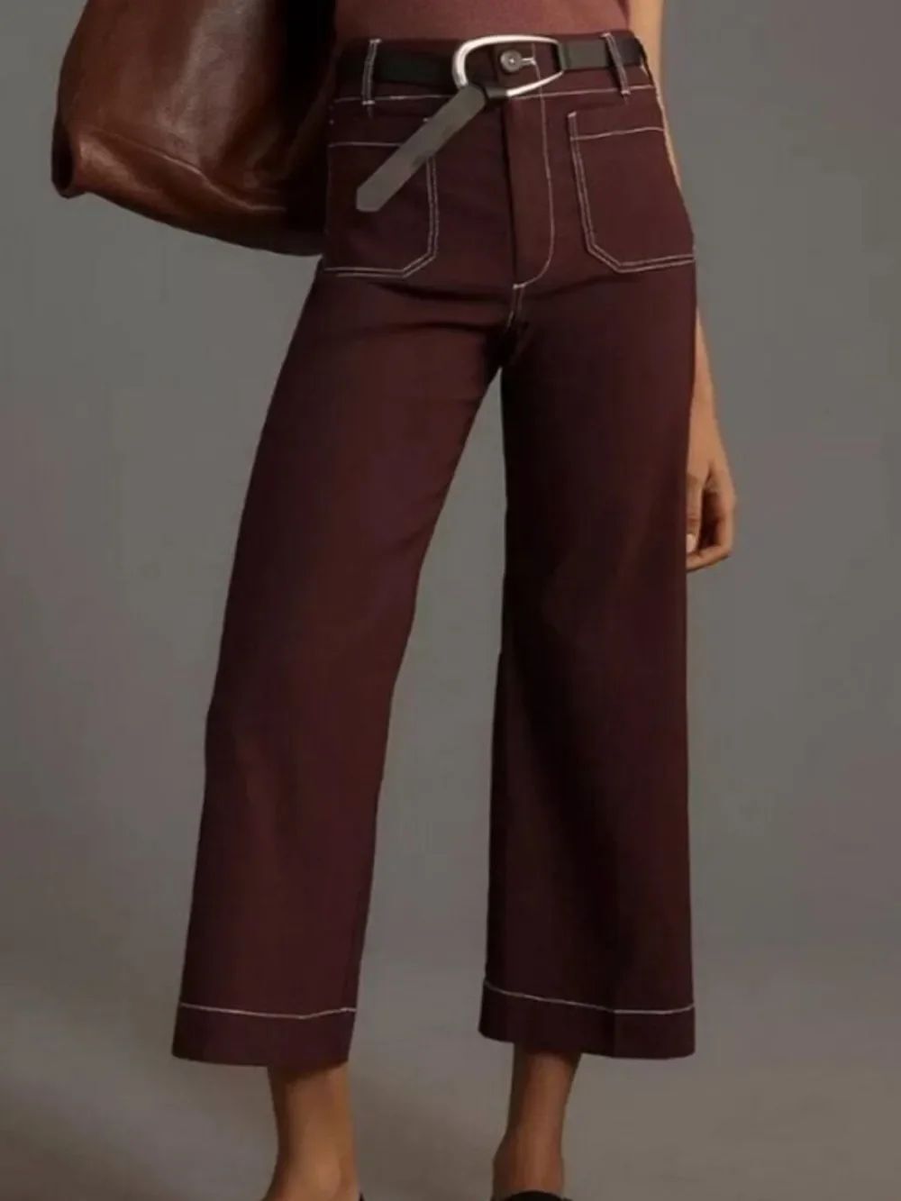 Anthropologie Collette Crop Pants in Brown with Contrast Stitching